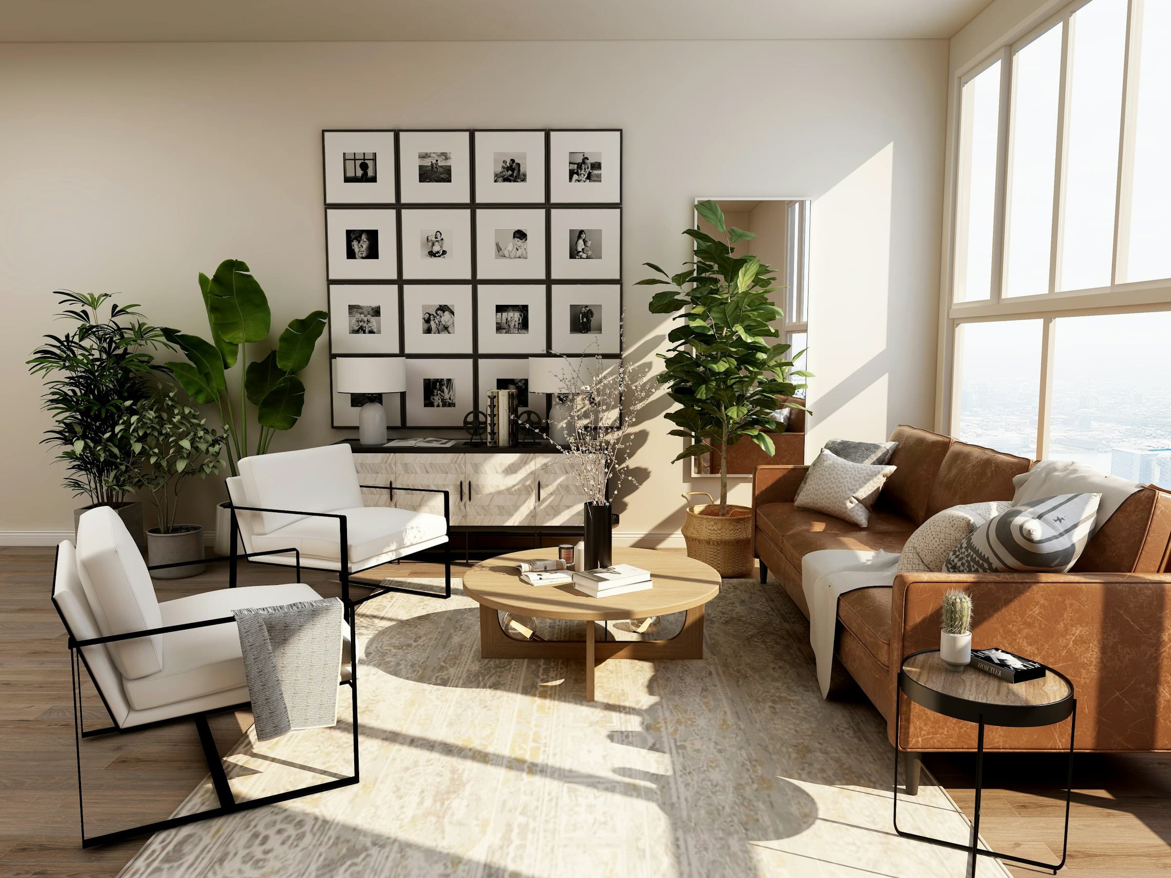 Sunlit contemporary living room with wood, linen, and considered everyday objects